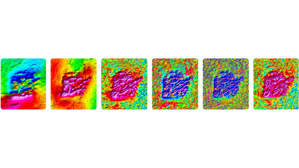 Six magnetic grids of the same survey area, each a different filter of the same data