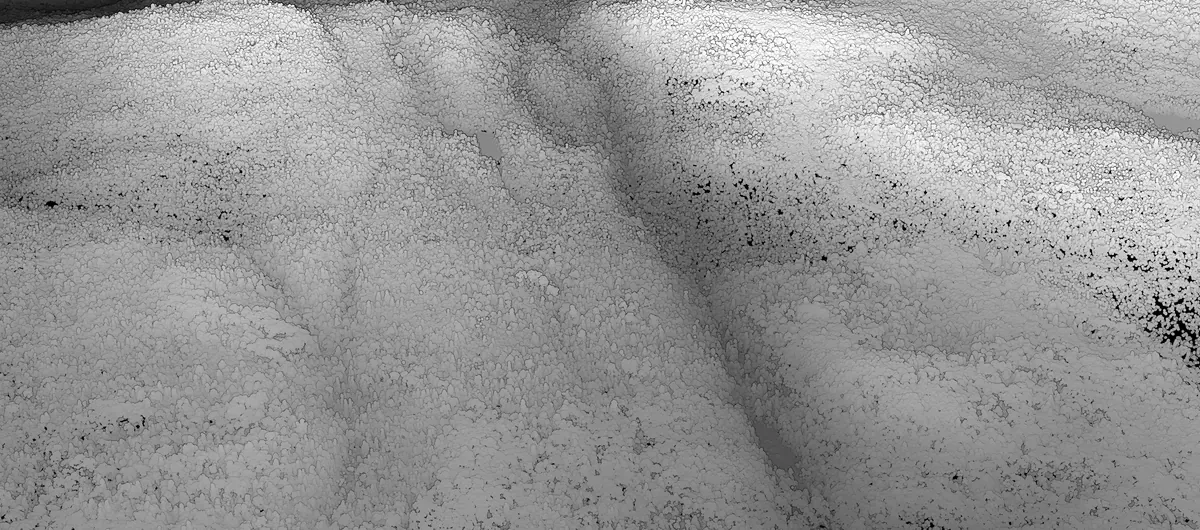 Black and white drone LiDAR terrain model resolving ridges, drainage and structural grain in fine detail