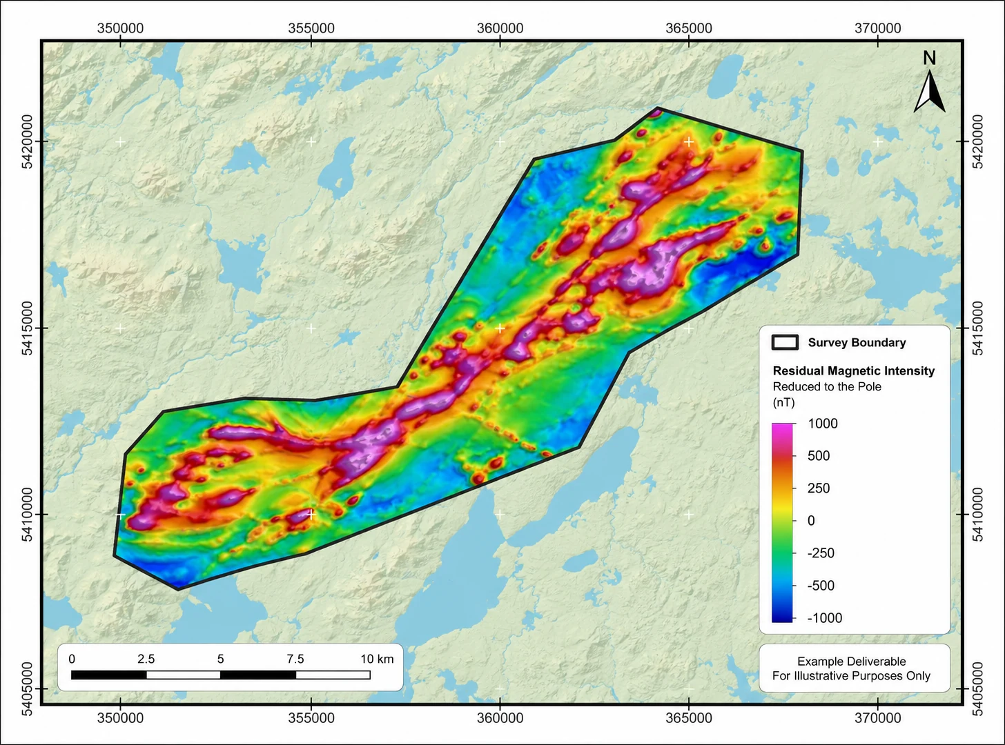 Residual magnetic intensity map reduced to the pole, with survey boundary, north arrow, scale bar and colour legend, from a Rosor drone magnetic survey