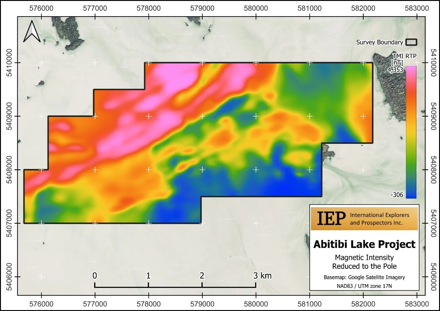 Total magnetic intensity reduced to the pole over the Abitibi Lake Project, with survey boundary, colour scale and IEP project card
