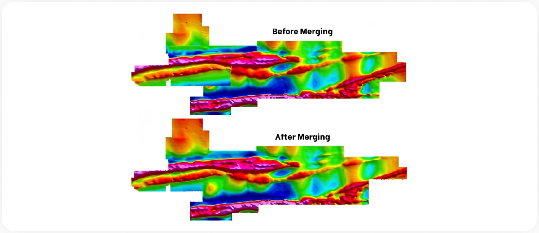 Magnetic grids over Cochrane Hill shown before and after merging, the line-related seams resolved in the merged version