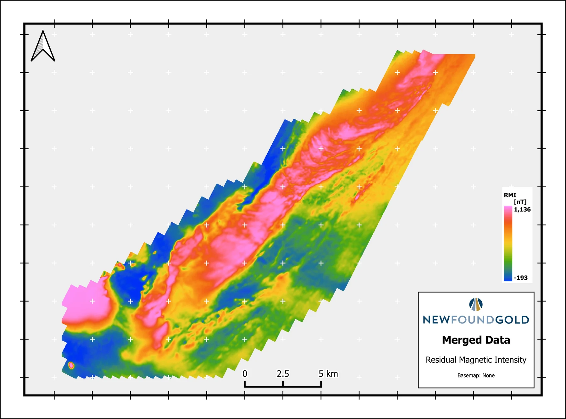 Merged residual magnetic intensity grid covering the Gull River and Queensway projects, with the RMI colour scale and New Found Gold mark