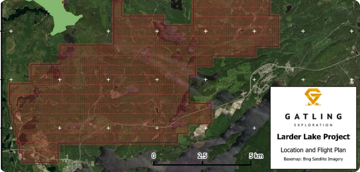 Location and flight plan for the Larder Lake Project over satellite imagery, with the survey blocks outlined