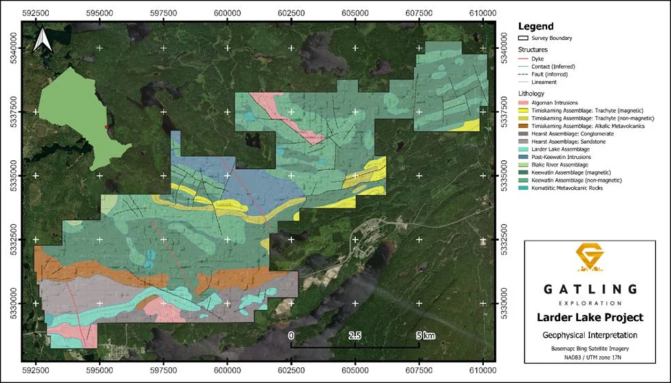 Geophysical interpretation map of the Larder Lake Project showing lithology units, dykes, contacts, faults and lineaments over satellite imagery, with legend