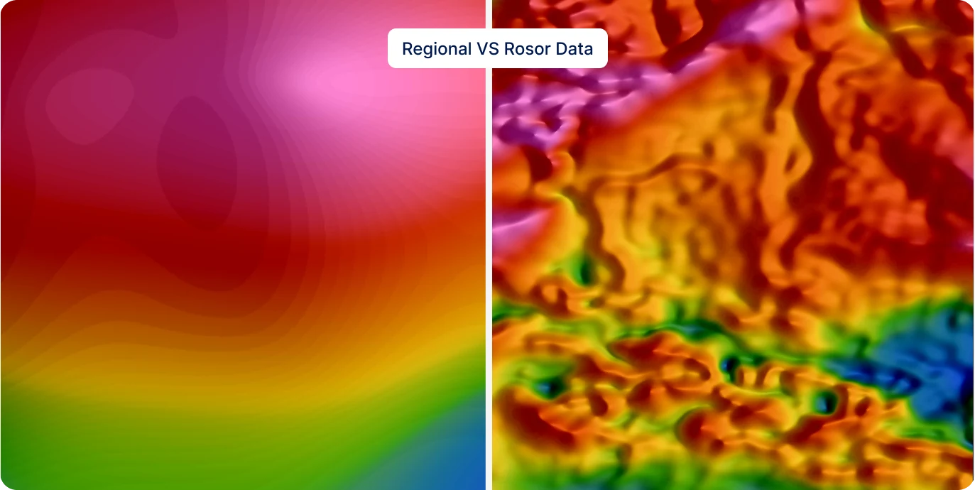 A regional magnetic grid beside a Rosor drone magnetic survey of the same ground, at higher resolution