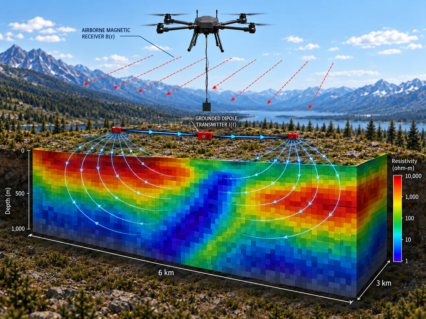 A drone flies over the survey area with a magnetic receiver hanging below it. On the ground, a transmitter on a wire drives current between two electrodes, and the current flows through the subsurface. A cut-away block below shows the resulting resistivity model, from 1 to 10,000 ohm-metres, down to 1,000 m depth across an area 6 km by 3 km.