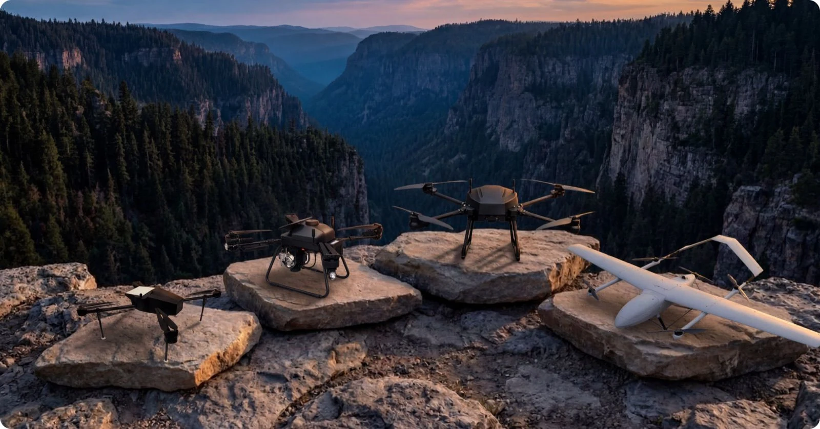 The four Rosor platforms on a canyon rim at dusk: Recon Lite, Recon Heavy, Recon Super and the fixed-wing Arctern