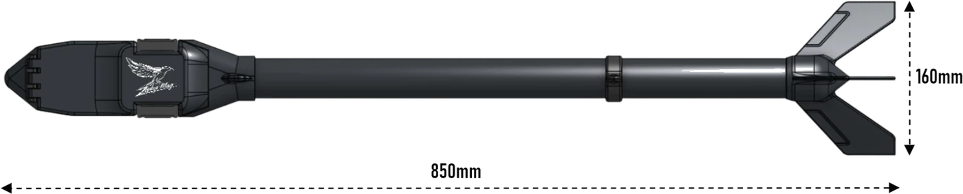 Dimensioned side profile of the Zephyr Mag: 850 mm end to end, 160 mm at the tail