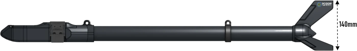 Dimensioned top profile of the Zephyr Mag: 140 mm across the tail fins